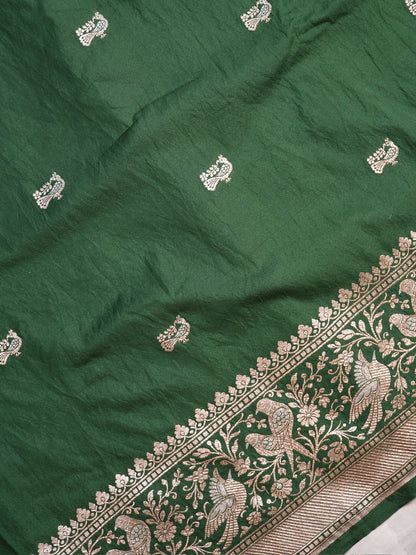 Waah Banaras 181D: Bottle Green Semi Katan Silk Saree With Beautiful Bird Border