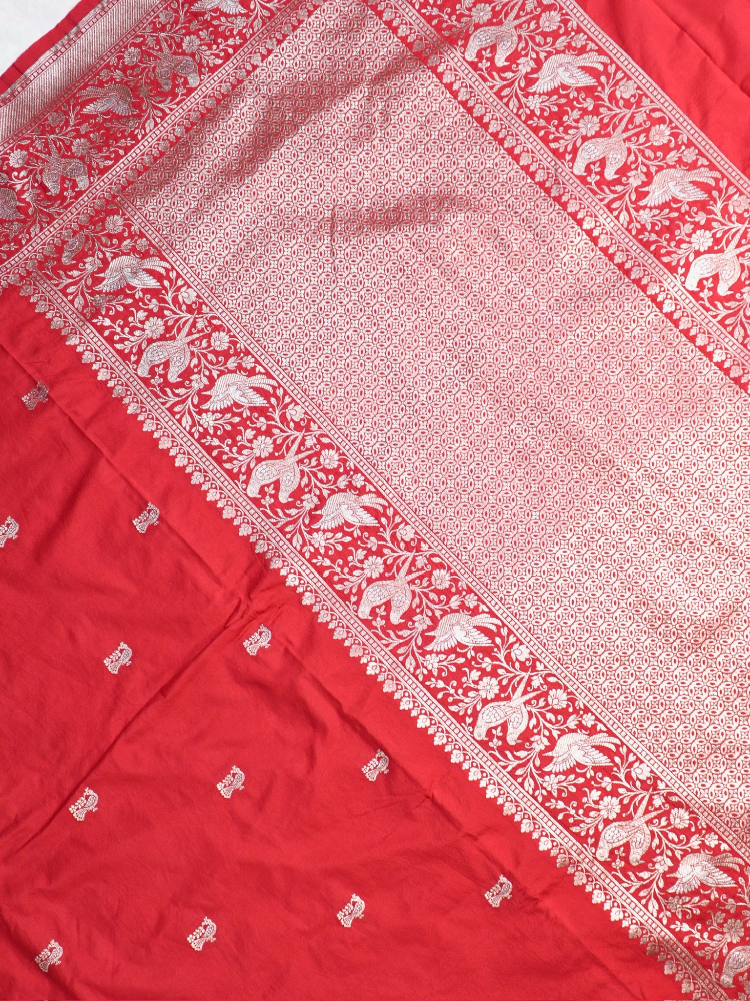 Waah Banara 181B: Regel Red Semi Katan Silk Saree With Beautiful Bird Border