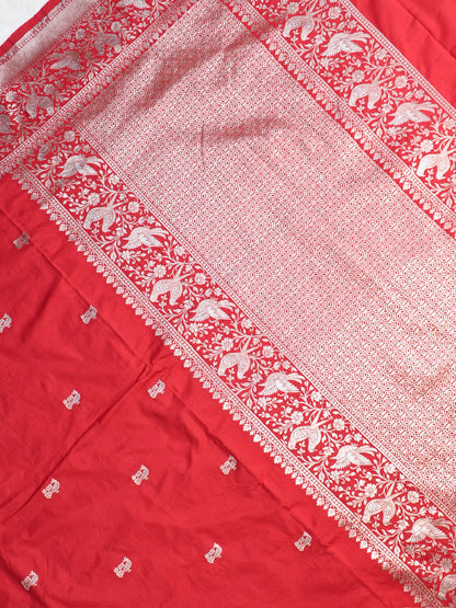 Waah Banara 181B: Regel Red Semi Katan Silk Saree With Beautiful Bird Border