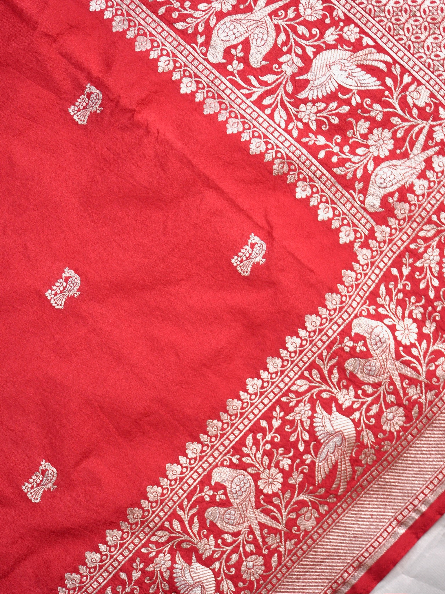 Waah Banara 181B: Regel Red Semi Katan Silk Saree With Beautiful Bird Border
