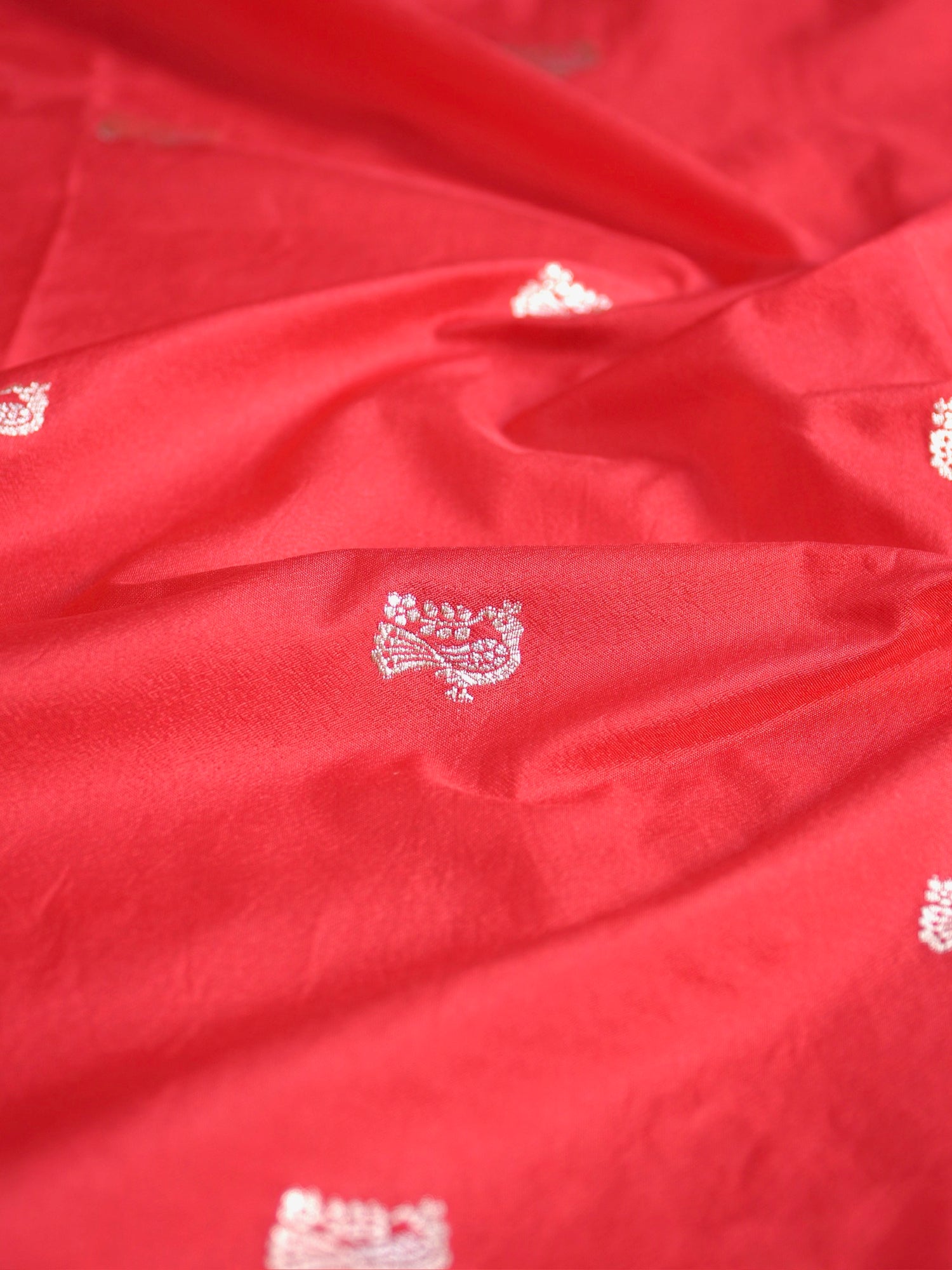 Waah Banara 181B: Regel Red Semi Katan Silk Saree With Beautiful Bird Border
