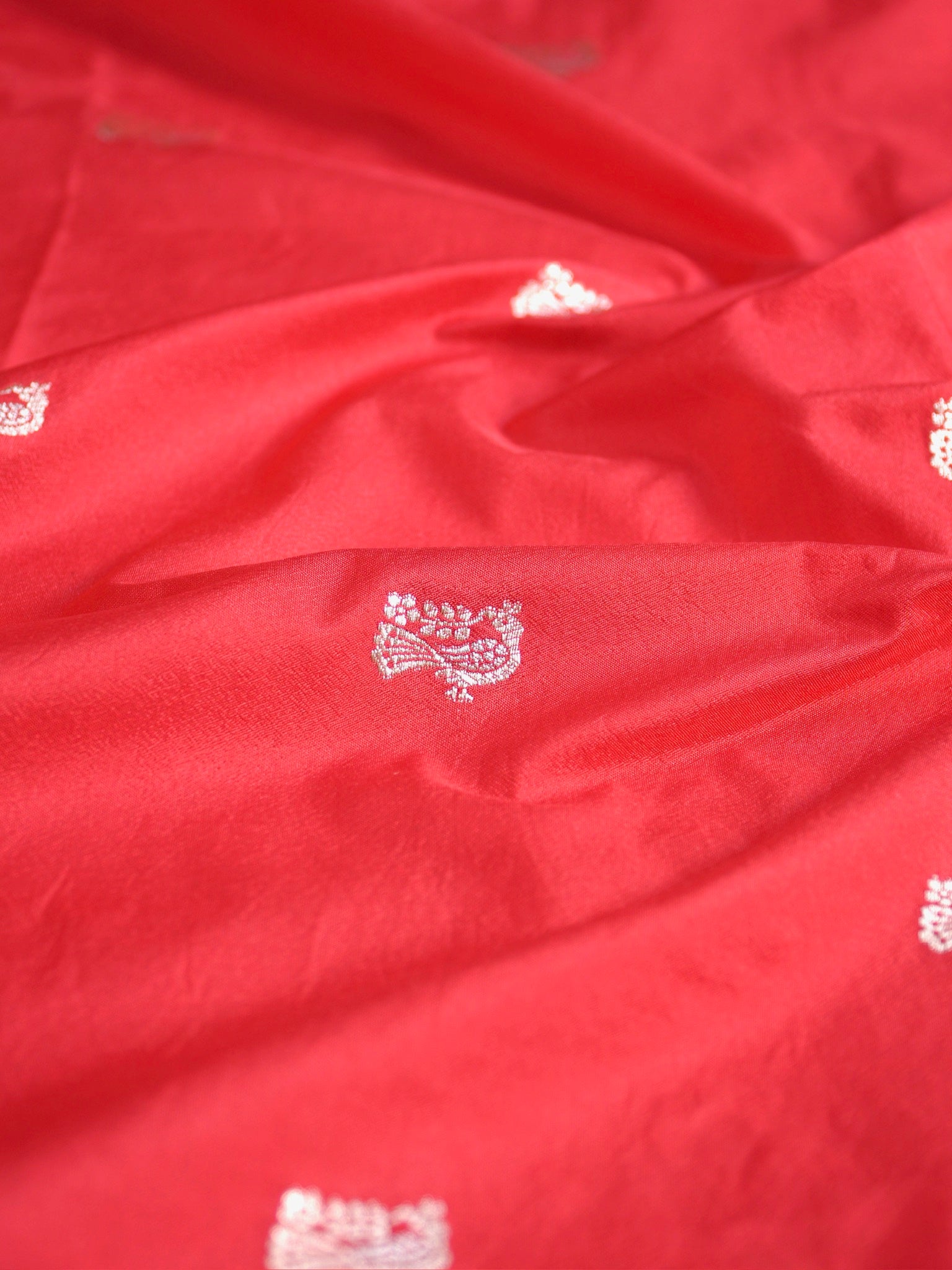 Waah Banara 181B: Regel Red Semi Katan Silk Saree With Beautiful Bird Border