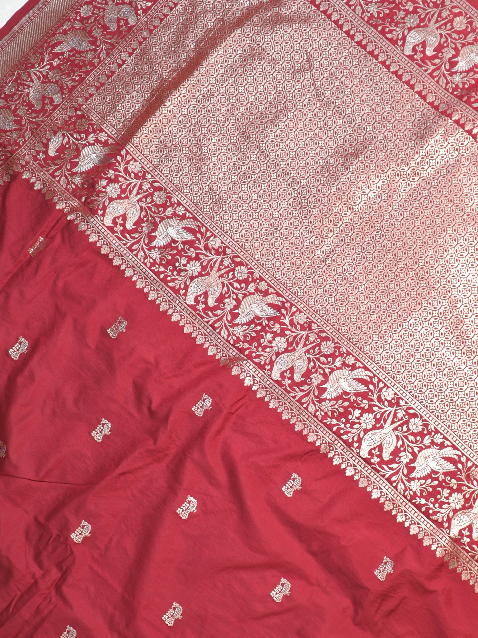 Waah Banaras 181A: Rich Maroon Semi Katan Silk Saree With Beautiful Bird Border
