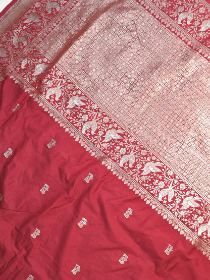 Waah Banaras 181A: Rich Maroon Semi Katan Silk Saree With Beautiful Bird Border
