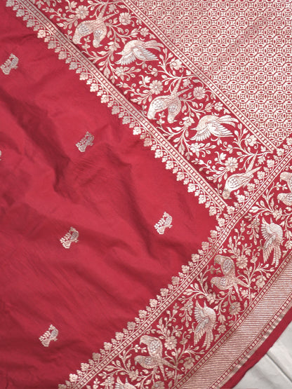 Waah Banaras 181A: Rich Maroon Semi Katan Silk Saree With Beautiful Bird Border