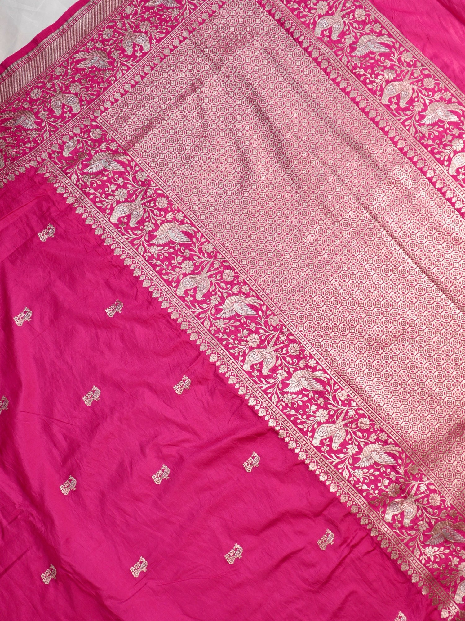 Waah Banaras 181C: Regal Rani Pink Semi Katan Silk Saree With Beautiful Bird Border