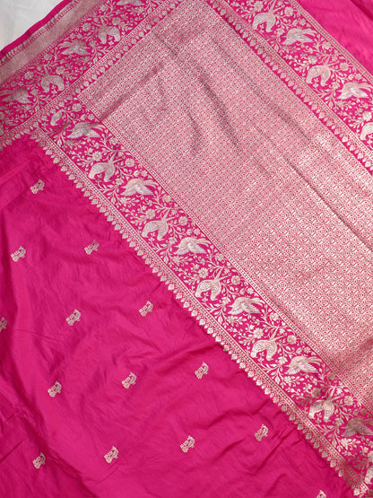 Waah Banaras 181C: Regal Rani Pink Semi Katan Silk Saree With Beautiful Bird Border