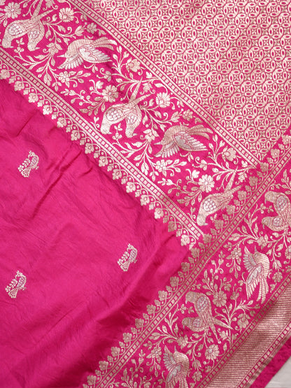 Waah Banaras 181C: Regal Rani Pink Semi Katan Silk Saree With Beautiful Bird Border