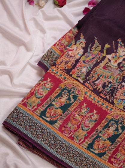 UTSAV BANARAS 477G: Coffee Brown Butter Silk Saree with Heritage Position Print &amp; Contrast Blouse