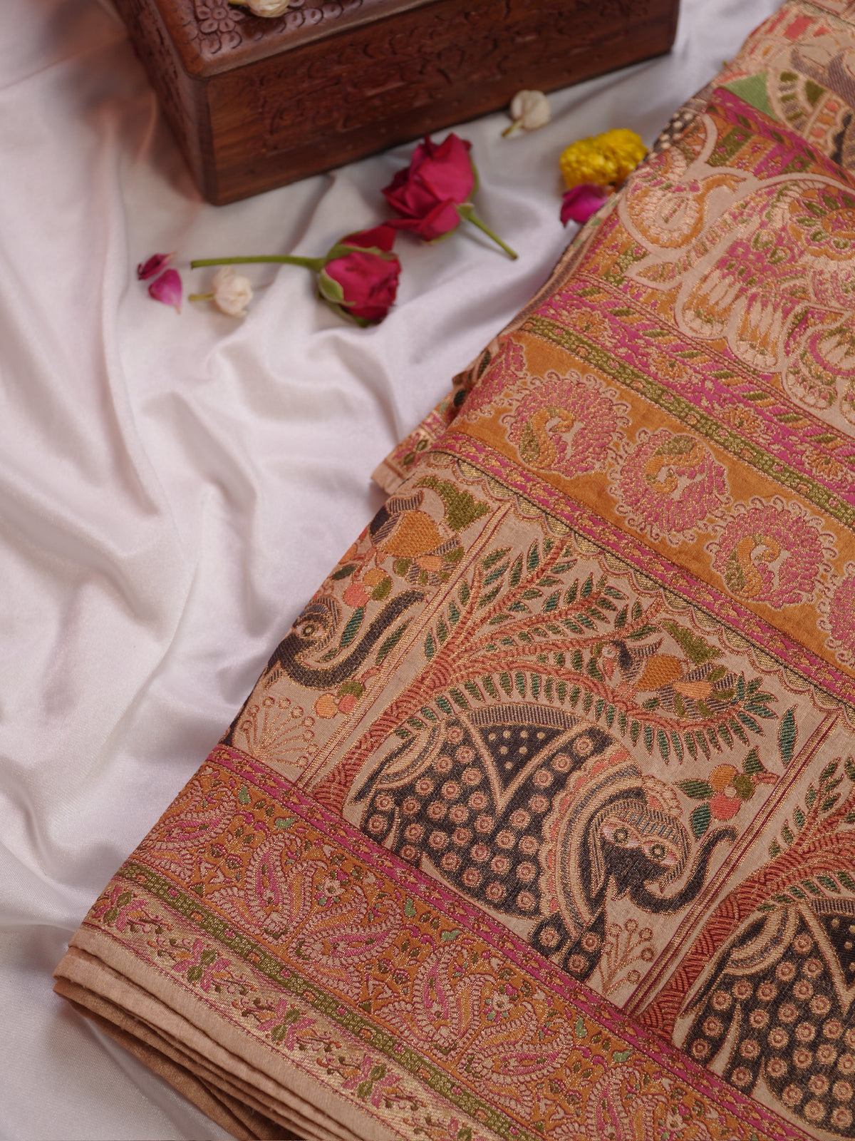 WAAH BANARAS 082: Beige Artistic Kalamkari Inspired Georgette Saree with Peacock &amp; Floral Prints