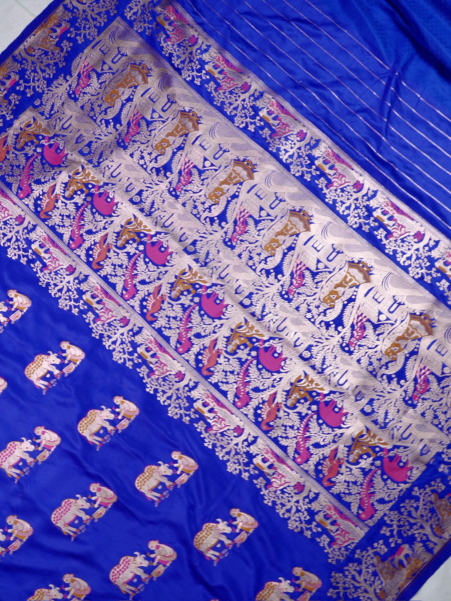 Waah Banaras 172A: Royal Blue Satin Banarasi Silk Saree with Meenakari Animal Motifs