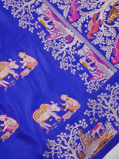Waah Banaras 172A: Royal Blue Satin Banarasi Silk Saree with Meenakari Animal Motifs