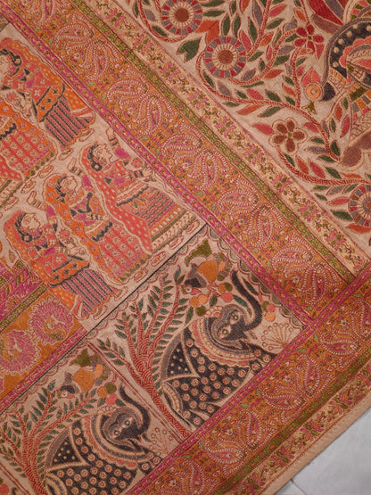 WAAH BANARAS 082: Beige Artistic Kalamkari Inspired Georgette Saree with Peacock &amp; Floral Prints