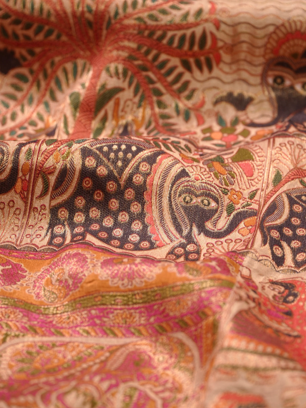 WAAH BANARAS 082: Beige Artistic Kalamkari Inspired Georgette Saree with Peacock &amp; Floral Prints