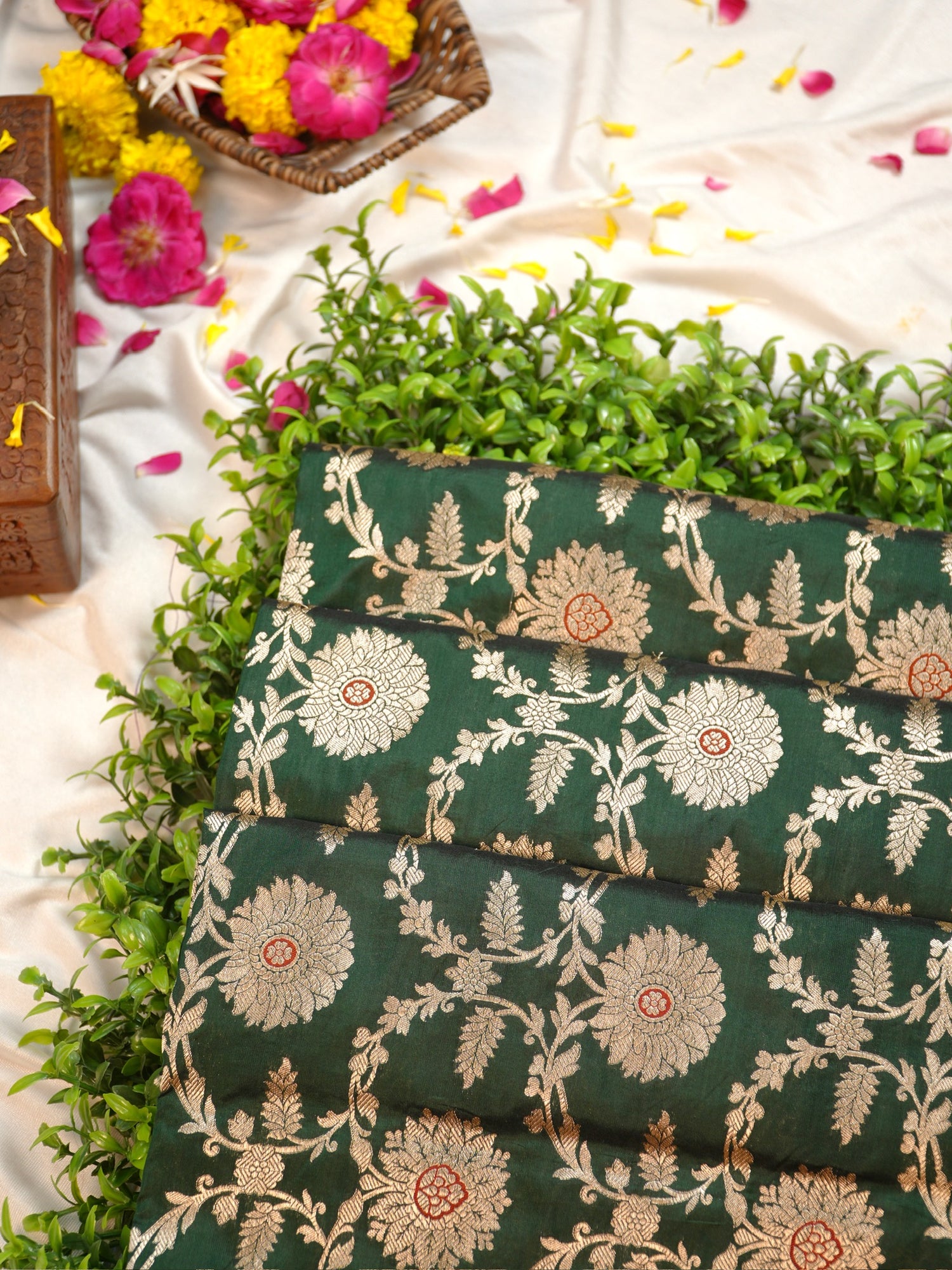 VIRASAT 161A: Bottle Green Pure Handloom Katan Silk Mughal Meenakari Floral Jaal Saree