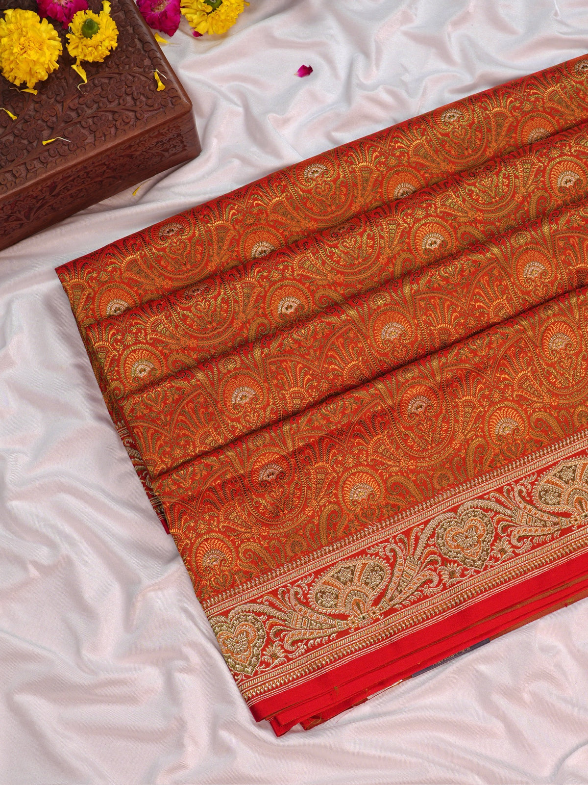 Waah Banaras 166B: Rust Orange Satin Tanchoi Silk Saree with Rich Zari, Resham Weaving &amp; Grand Floral Paisley Border