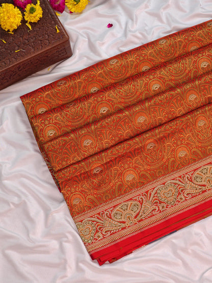 Waah Banaras 166B: Rust Orange Satin Tanchoi Silk Saree with Rich Zari, Resham Weaving &amp; Grand Floral Paisley Border