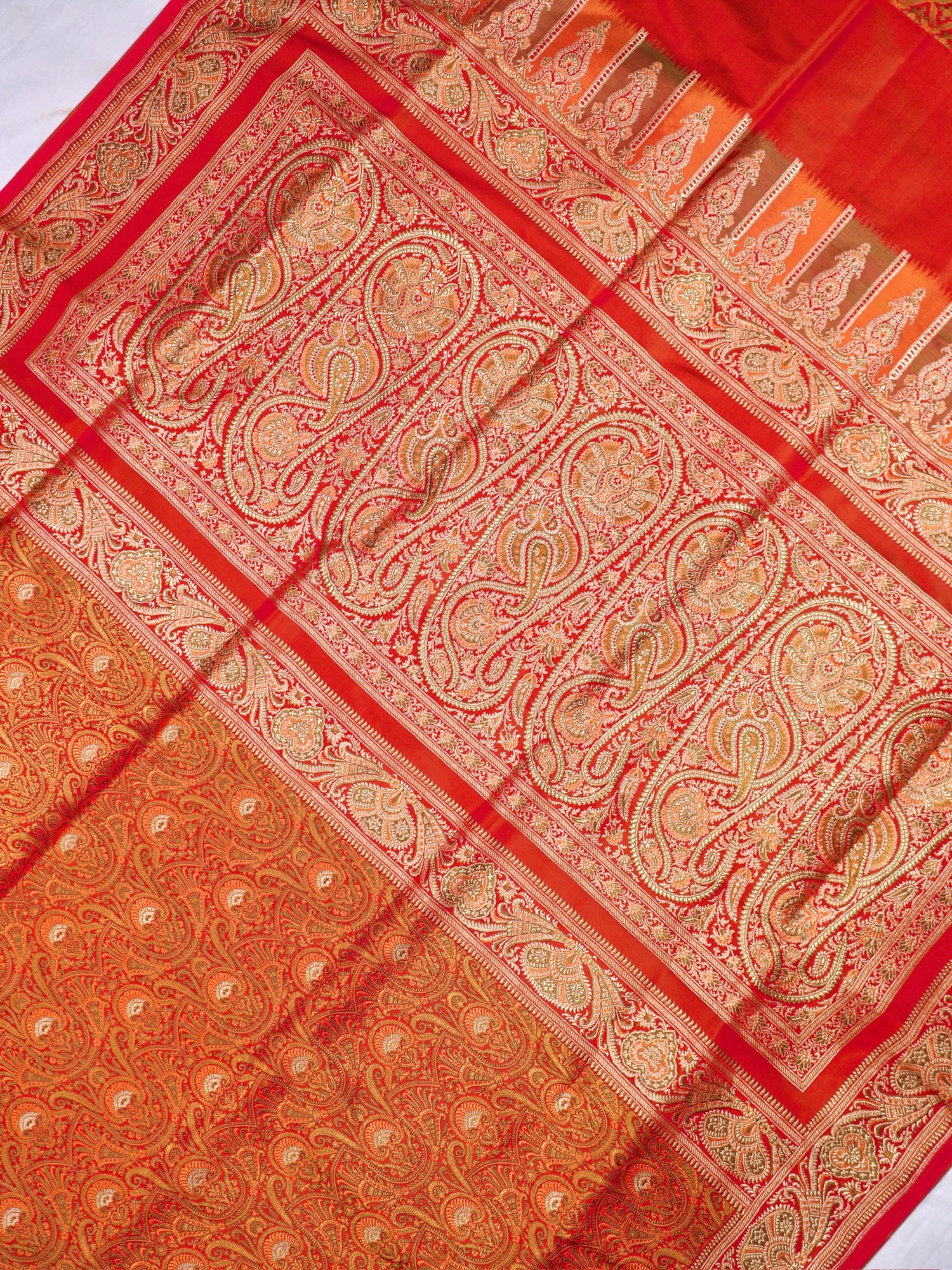 Waah Banaras 166B: Rust Orange Satin Tanchoi Silk Saree with Rich Zari, Resham Weaving &amp; Grand Floral Paisley Border