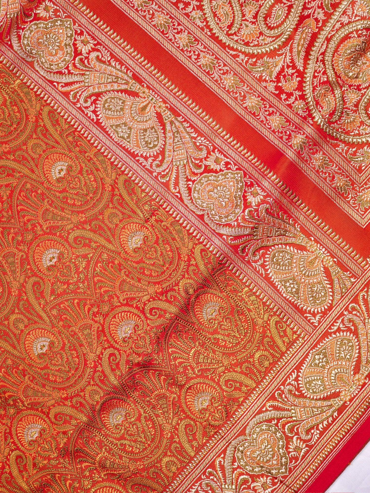 Waah Banaras 166B: Rust Orange Satin Tanchoi Silk Saree with Rich Zari, Resham Weaving &amp; Grand Floral Paisley Border