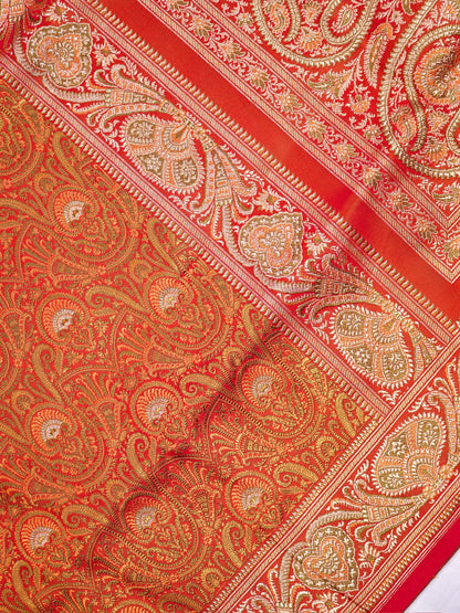 Waah Banaras 166B: Rust Orange Satin Tanchoi Silk Saree with Rich Zari, Resham Weaving &amp; Grand Floral Paisley Border