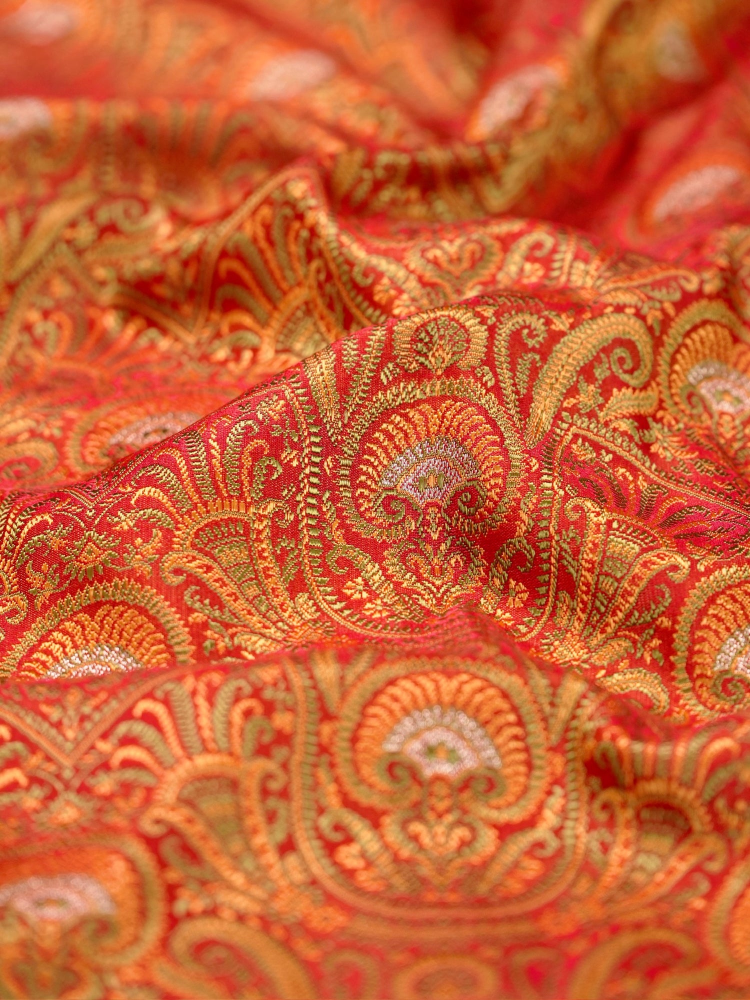 Waah Banaras 166B: Rust Orange Satin Tanchoi Silk Saree with Rich Zari, Resham Weaving &amp; Grand Floral Paisley Border