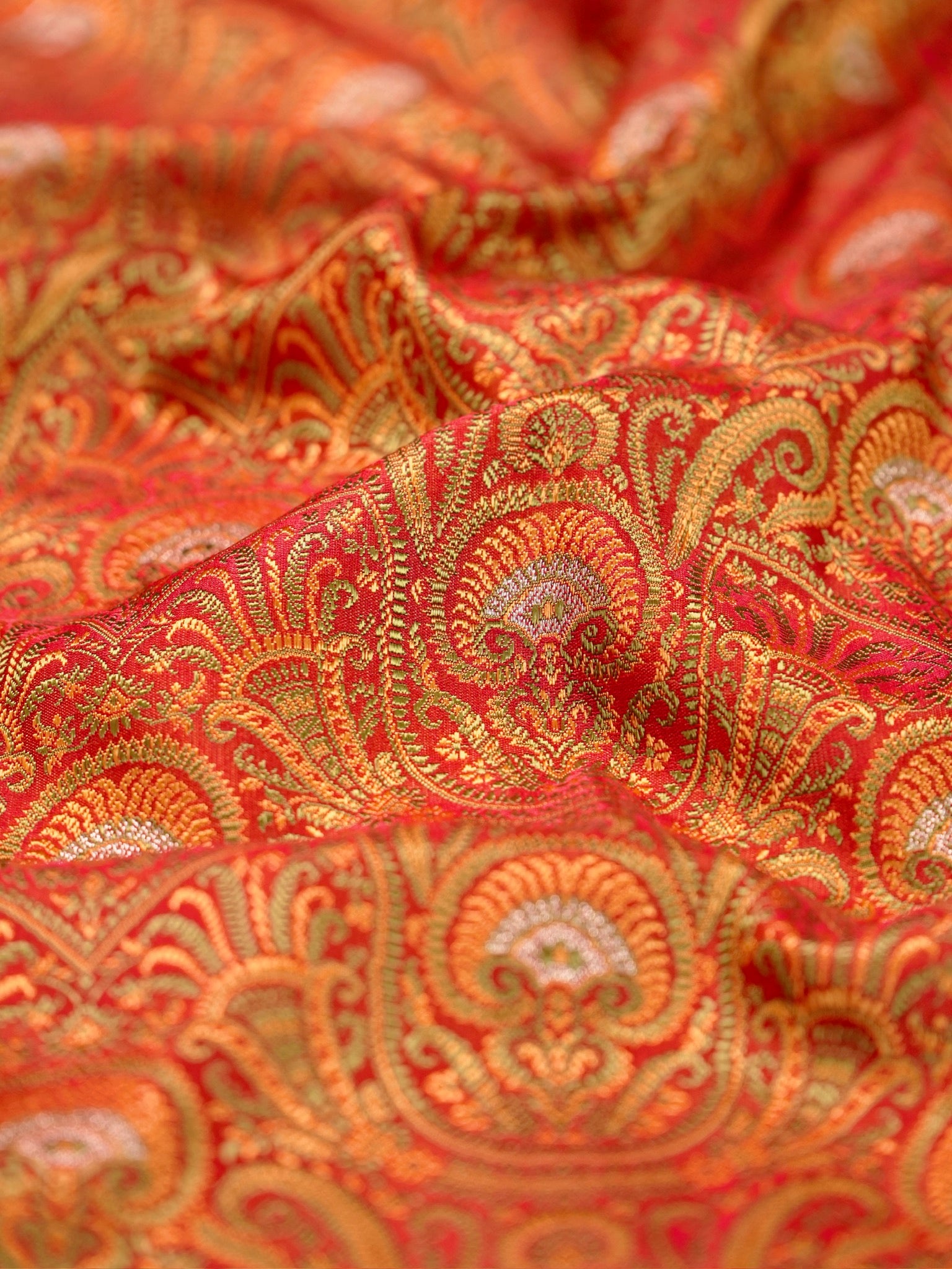 Waah Banaras 166B: Rust Orange Satin Tanchoi Silk Saree with Rich Zari, Resham Weaving &amp; Grand Floral Paisley Border