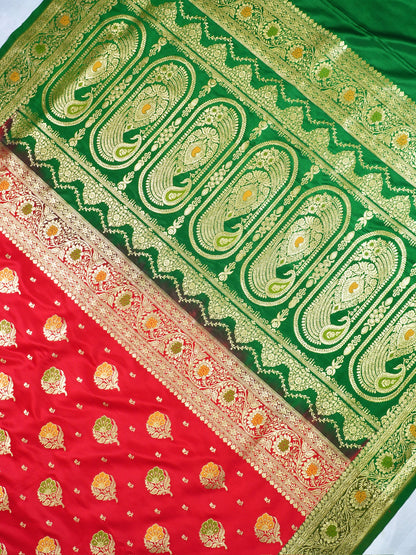 Waah Banaras 168: Dulhan Red Satin Banarasi Silk Saree with Meenakari Boota