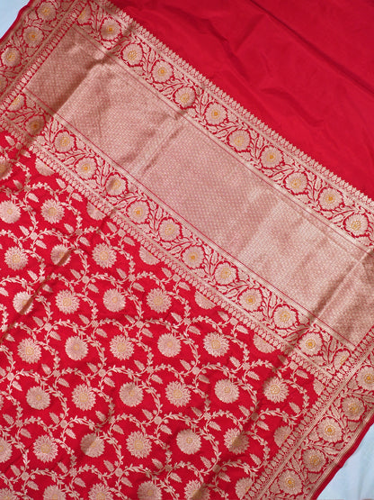 VIRASAT 161B: Pure Red Handloom Katan Silk Mughal Meenakari Floral Jaal Saree