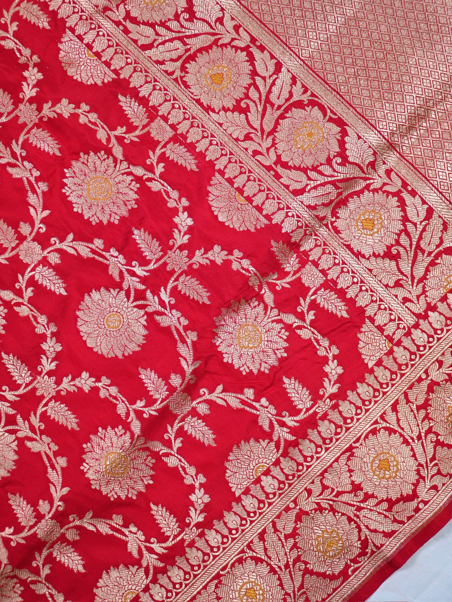 VIRASAT 161B: Pure Red Handloom Katan Silk Mughal Meenakari Floral Jaal Saree