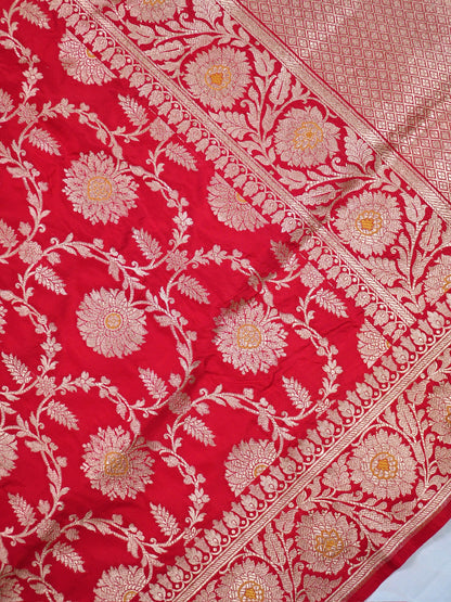 VIRASAT 161B: Pure Red Handloom Katan Silk Mughal Meenakari Floral Jaal Saree