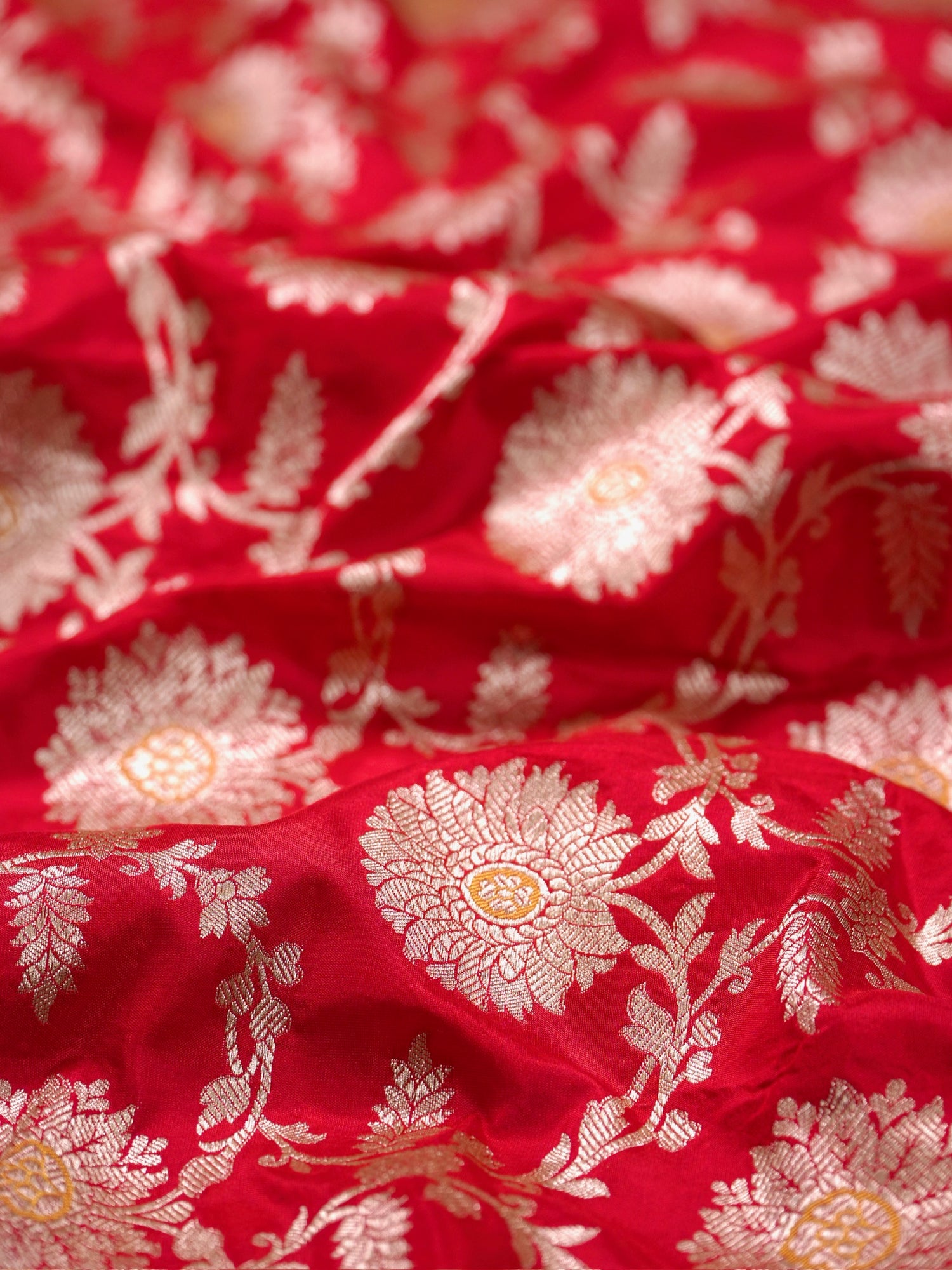 VIRASAT 161B: Pure Red Handloom Katan Silk Mughal Meenakari Floral Jaal Saree