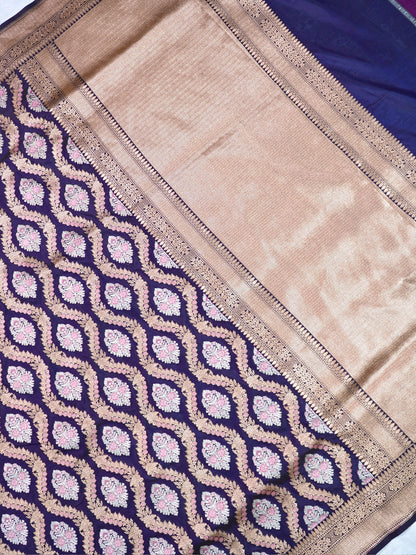 VIRASAT 211A: Pure Handloom Silk Sona Rupa Meenakari Jaal Saree Ink Blue