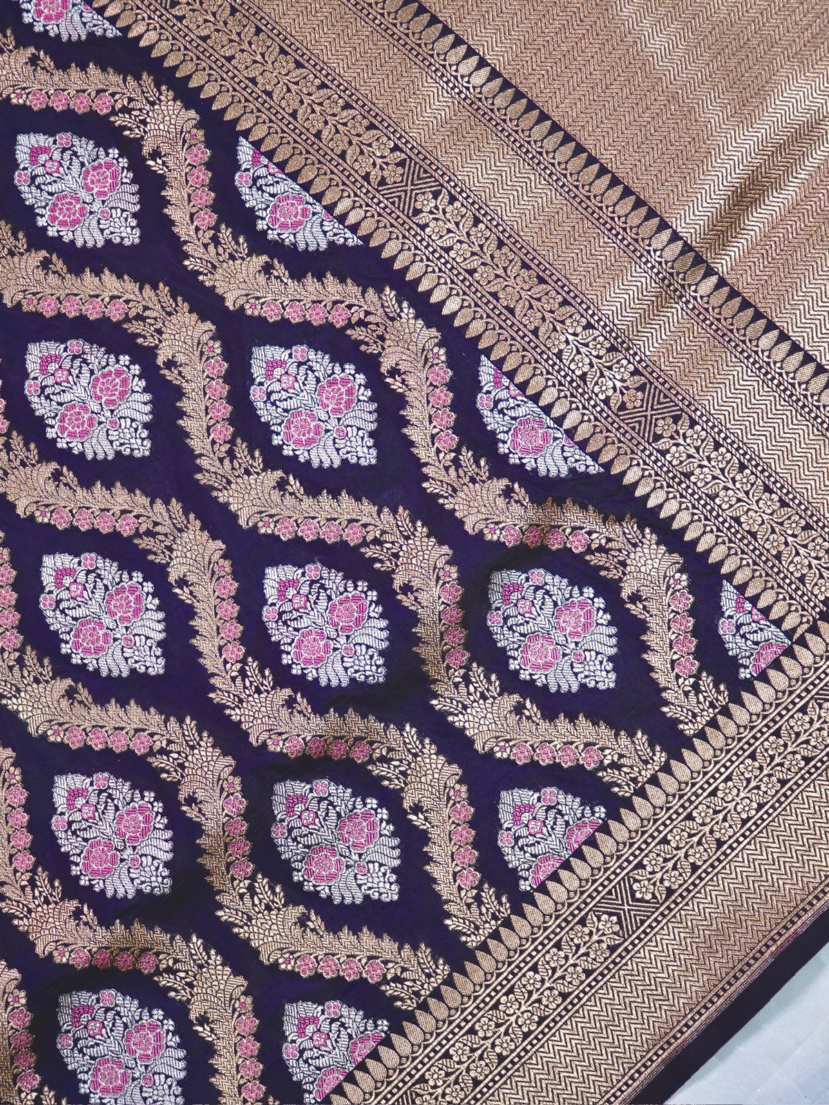 VIRASAT 211A: Pure Handloom Silk Sona Rupa Meenakari Jaal Saree Ink Blue