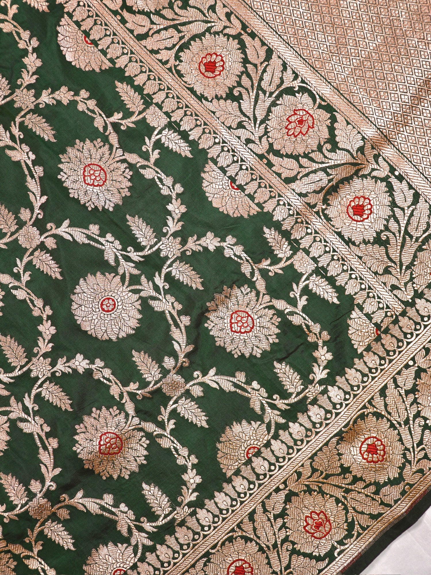 VIRASAT 161A: Bottle Green Pure Handloom Katan Silk Mughal Meenakari Floral Jaal Saree