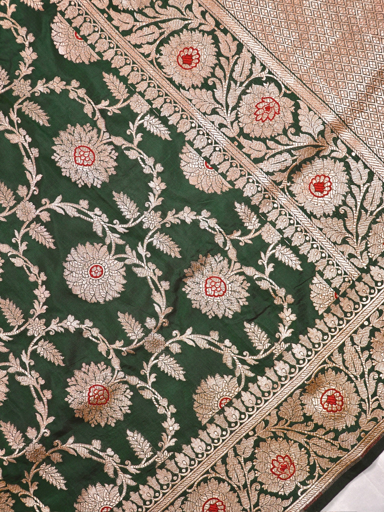 VIRASAT 161A: Bottle Green Pure Handloom Katan Silk Mughal Meenakari Floral Jaal Saree