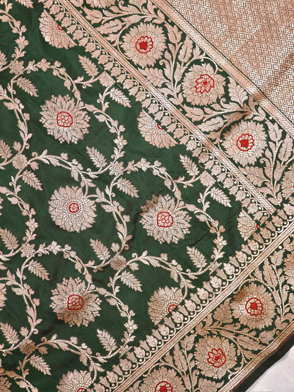 VIRASAT 161A: Bottle Green Pure Handloom Katan Silk Mughal Meenakari Floral Jaal Saree