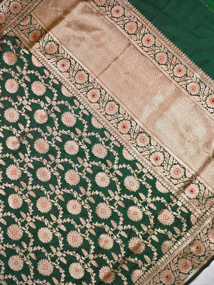 VIRASAT 161A: Bottle Green Pure Handloom Katan Silk Mughal Meenakari Floral Jaal Saree