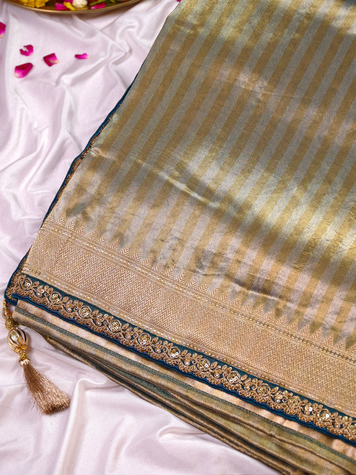 VIRASAT 1004: Olive Green Glass Tissue Dual Zari Silk Saree Striped Elegance with Zardozi Grandeur