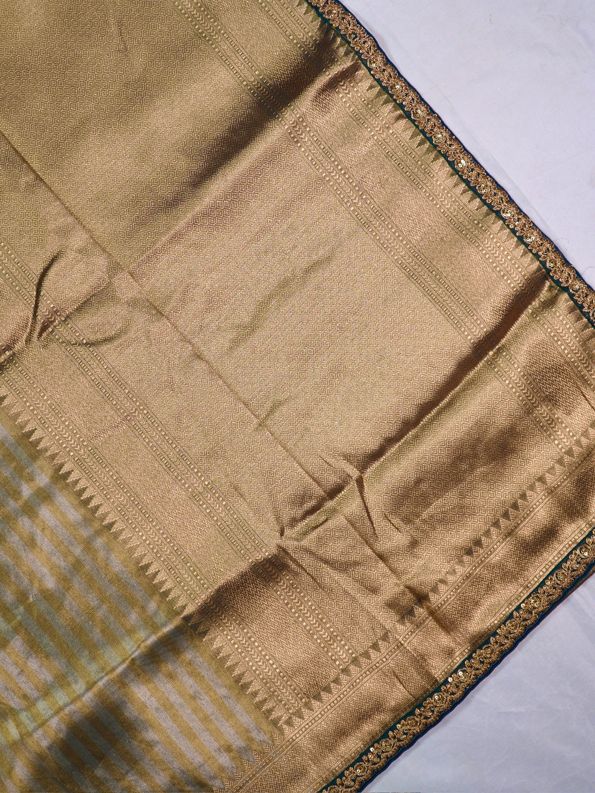 VIRASAT 1004: Olive Green Glass Tissue Dual Zari Silk Saree Striped Elegance with Zardozi Grandeur