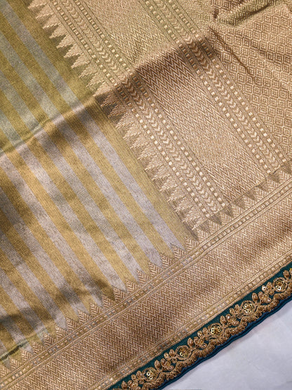 VIRASAT 1004: Olive Green Glass Tissue Dual Zari Silk Saree Striped Elegance with Zardozi Grandeur