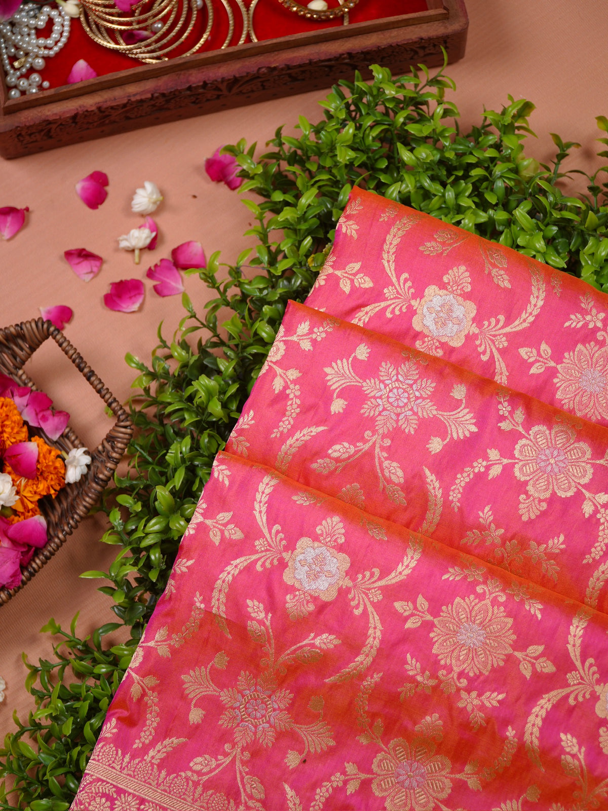 VIRASAT 433C: Gajari Pink Dual Tone Pure Katan Silk Alfi Saree with Sona Rupa Zari Floral Jaal &amp; Zari Border | Silk Mark Certified