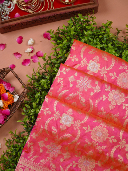 VIRASAT 433C: Gajari Pink Dual Tone Pure Katan Silk Alfi Saree with Sona Rupa Zari Floral Jaal &amp; Zari Border | Silk Mark Certified