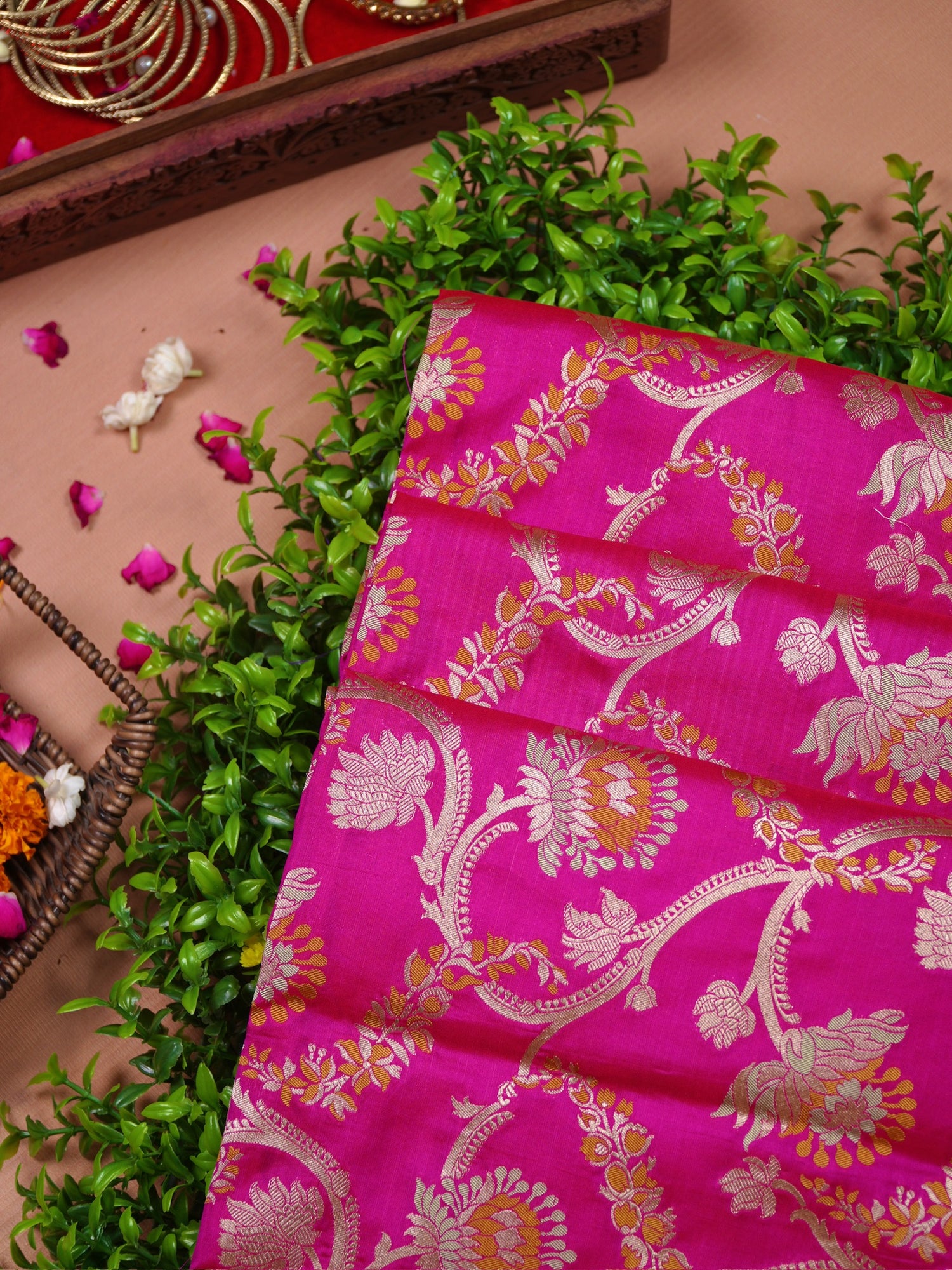 VIRASAT 426A: Pure Handloom Kadwa Katan Silk Saree Hot Pink | Silk Mark Certified | Celebrity Choice
