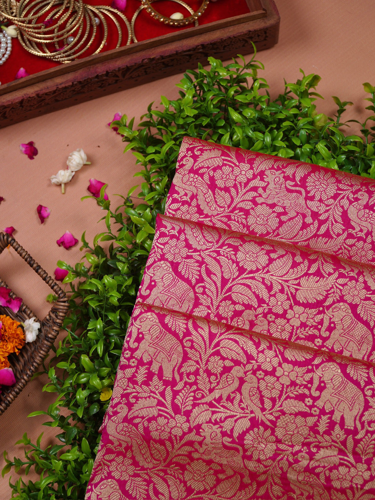 VIRASAT 431: Gajari Pink Pure Handloom Katan Silk Saree with Kadwa Zari Allover Buta &amp; Grand Banarasi Border