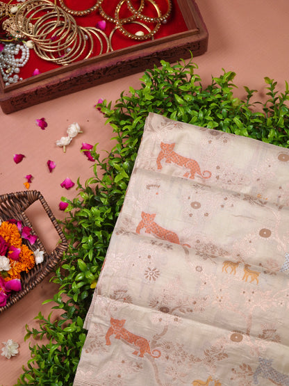 VIRASAT 434A: Silk Mark Certified Ivory White Pure Handloom Katan Silk Saree with Kadwa Sikargah Zari Jaal &amp; Meenakari Weaving