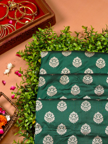 VIRASAT 430: Bottle Green Pure Handloom Katan Silk Saree with Gold Zari Buta &amp; Traditional Banarasi Border