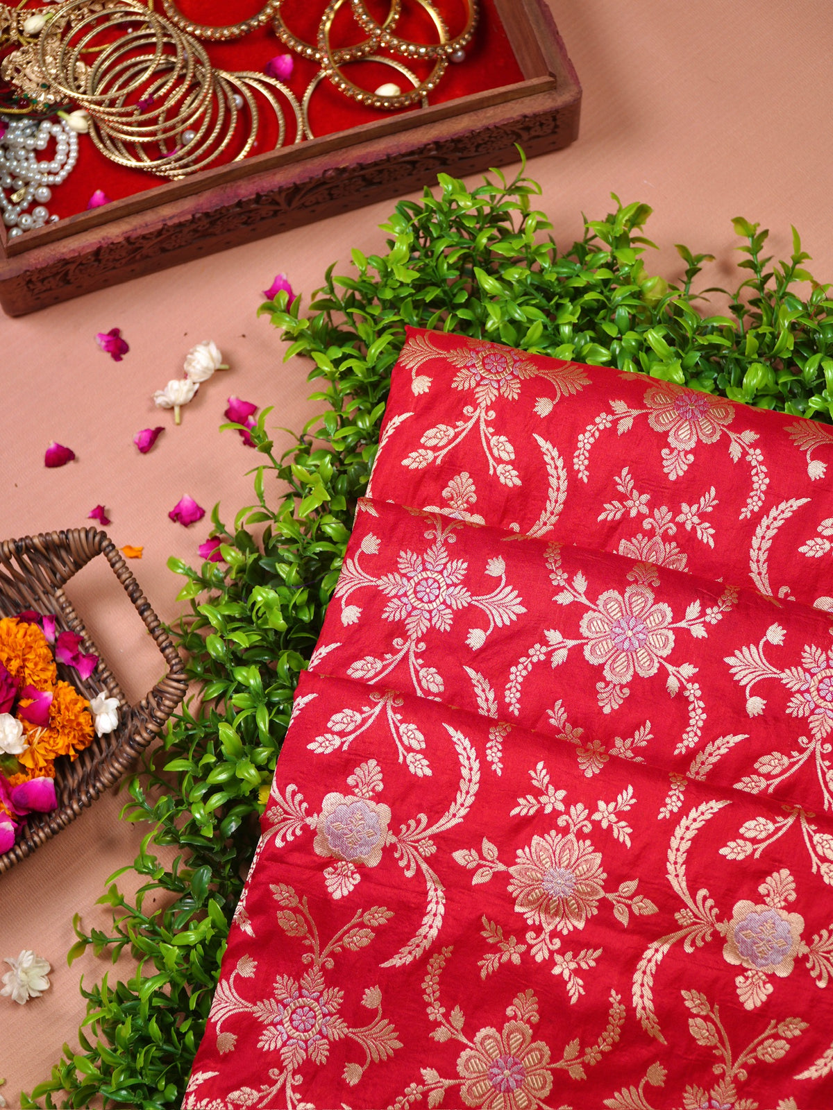 VIRASAT 433D: Pure Red Pure Katan Silk Alfi Saree with Sona Rupa Zari Floral Jaal &amp; Zari Border | Silk Mark Certified