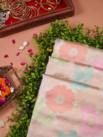 VIRASAT 425B: Beautiful Creamy White Pure Handloom Rangkat Katan Silk Saree Floral Meenakari With Silk Mark Certified