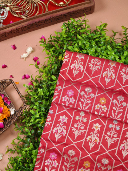 VIRASAT 410: Scarlet Red Pure Handloom Katan Silk Saree with All-Over Zari &amp; Meenakari Border-Pallu (Silk Mark Certified)