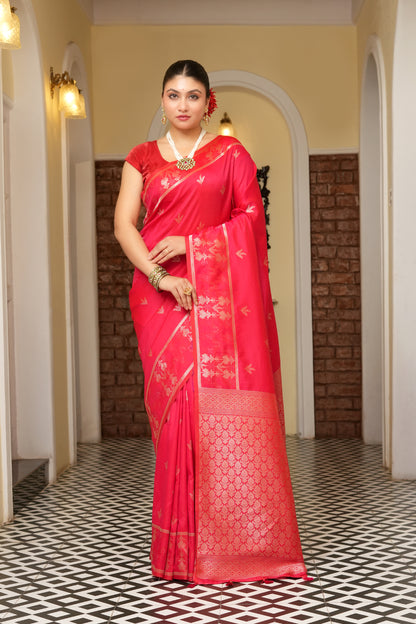 UTSAV BANARAS 534: Crimson Red Soft Semi Silk Saree with Resham Zigzag Weave &amp; Floral Zari Border